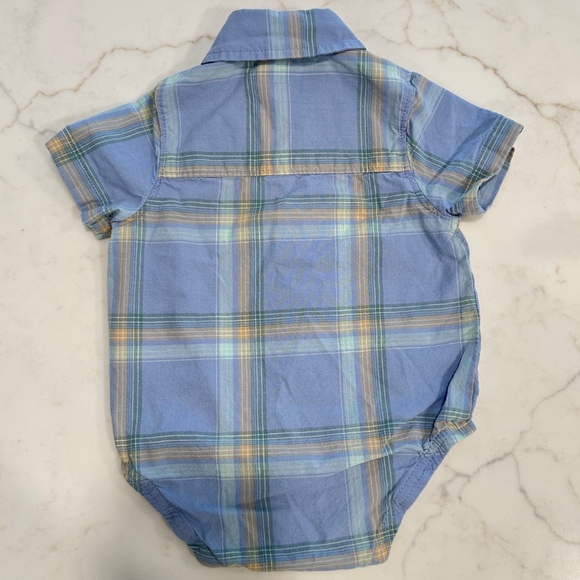 OshKosh B'gosh - 3M - Blue & Green Plaid Button Front Short Sleeve Bodysuit - Picture 2 of 4
